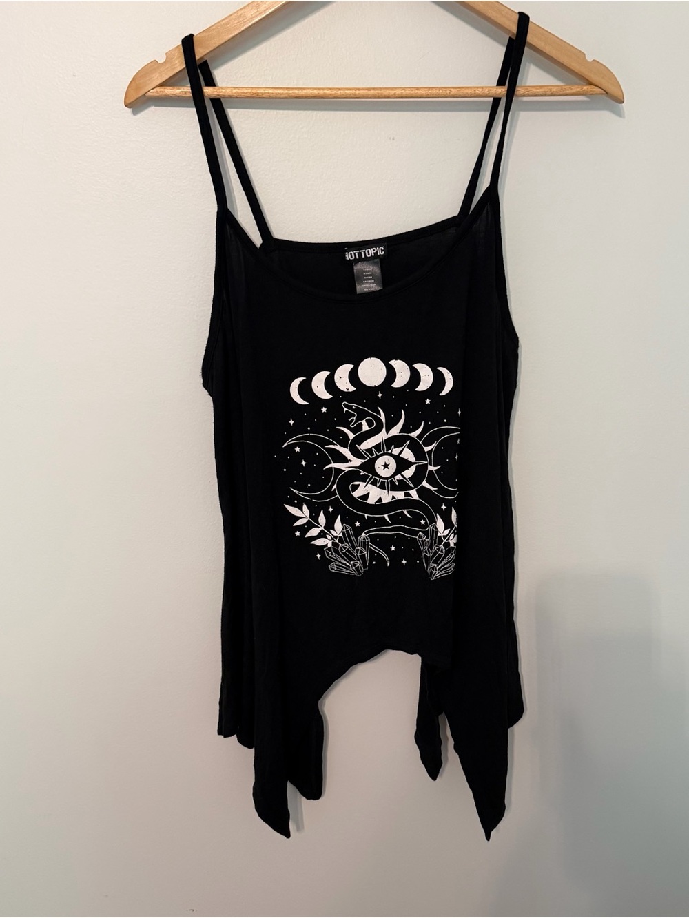 Hot Topic Celestial Moon Sun Graphic Tank Top XL Black Strappy Sharkbite Hem